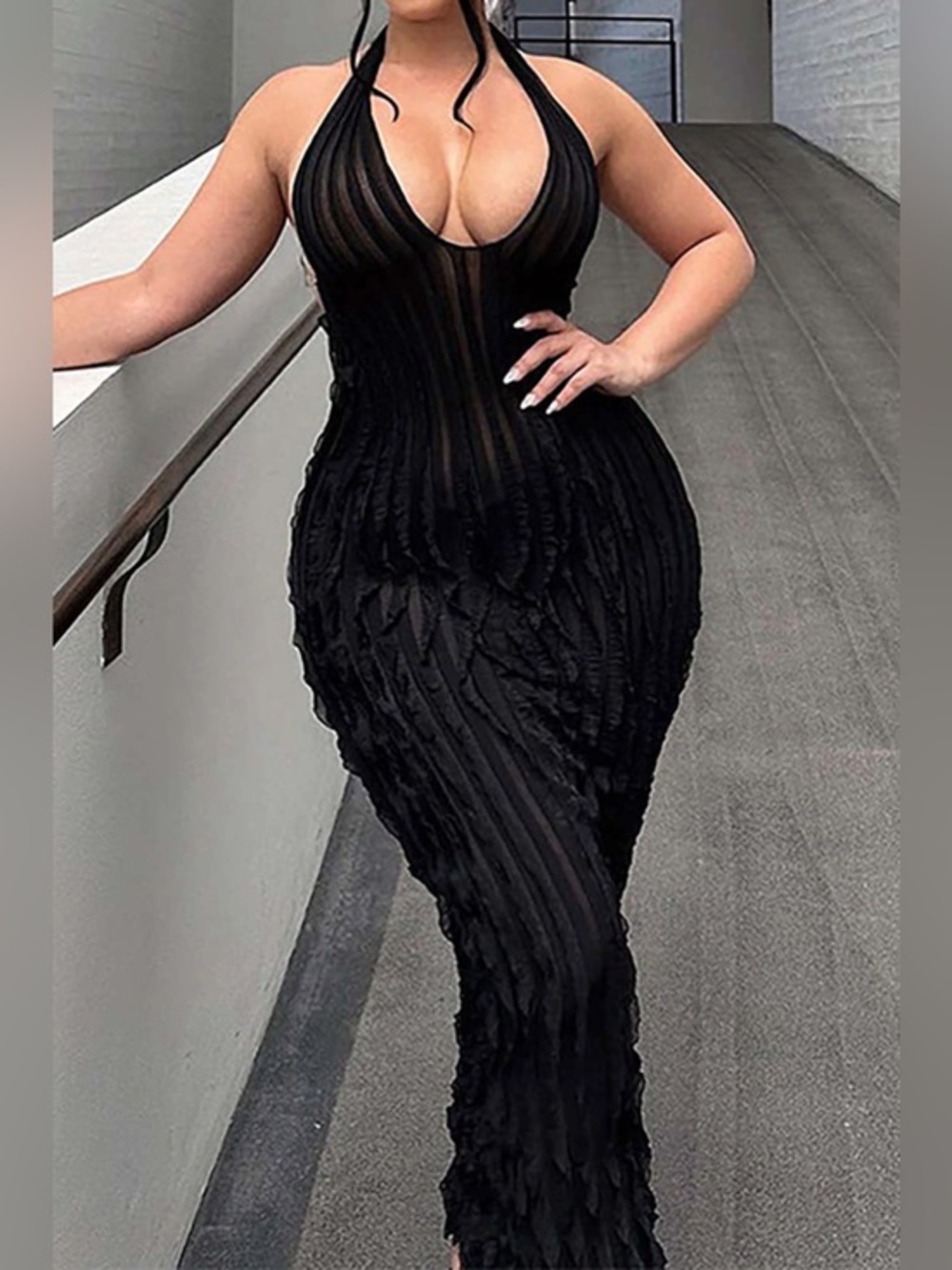 Micas Sheer Ruffle Texture Halter Backless Maxi Dress S CR30-40